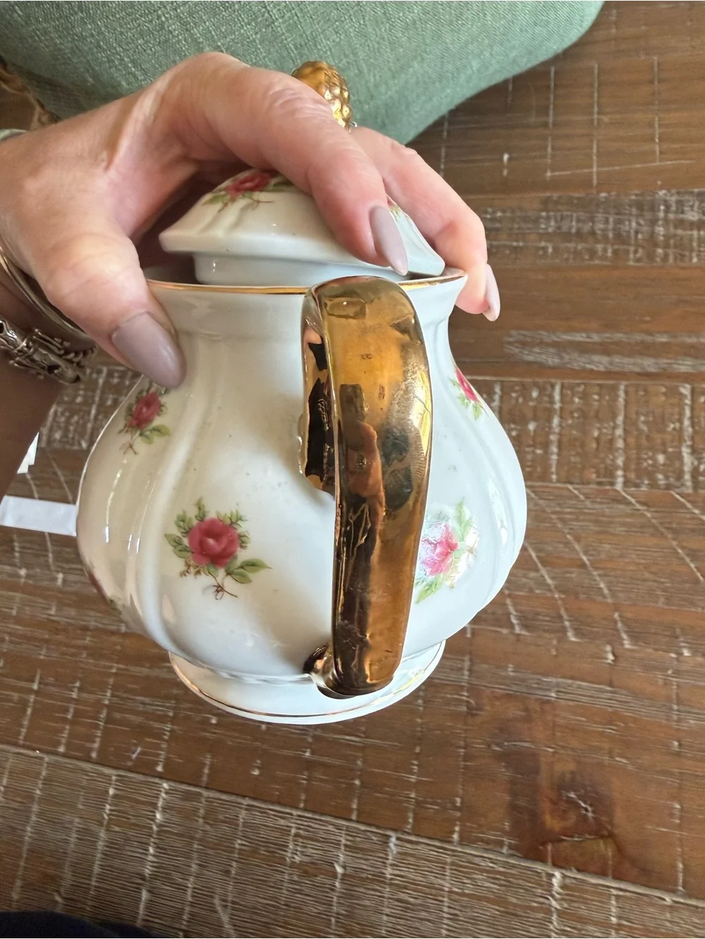 White Porcelain Teapot with Pink Rose Pattern and Gold Accents
